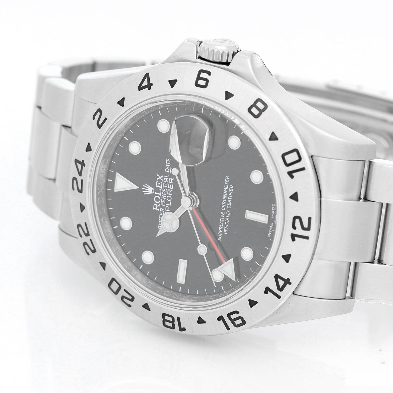 Discontinued Rolex Explorer  Men's Stainless Steel Watch 16570 -  Automatic winding, 31 jewels, Quickset, sapphire crystal, dual time. Stainless steel case (42mm diameter). Black dial with luminous markers. Stainless steel Oyster bracelet with