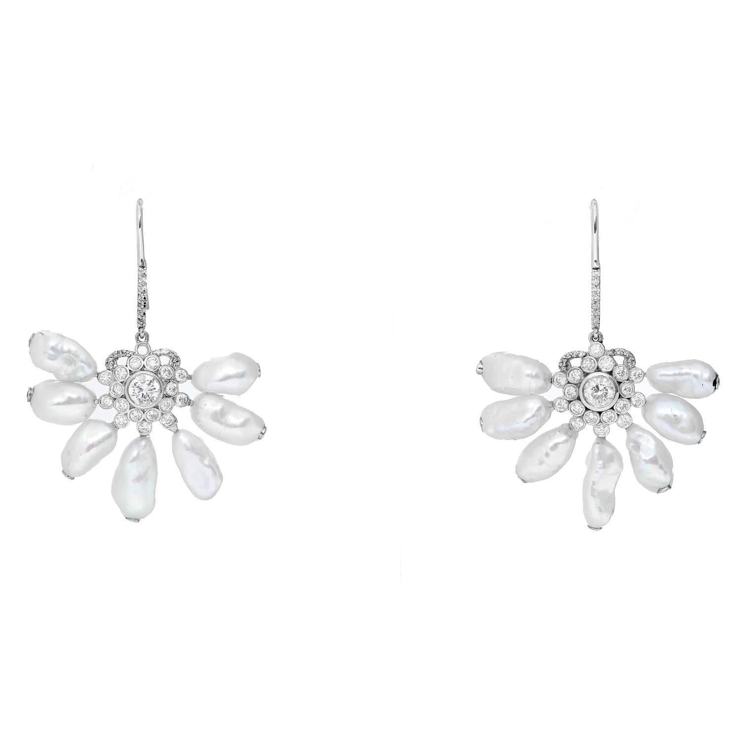 14K White Gold Pearl and Diamond Earrings - . Designer inspired dangling earrings with 7 pearl drops radiating from a diamond flower. Total weight 11.7 grams.