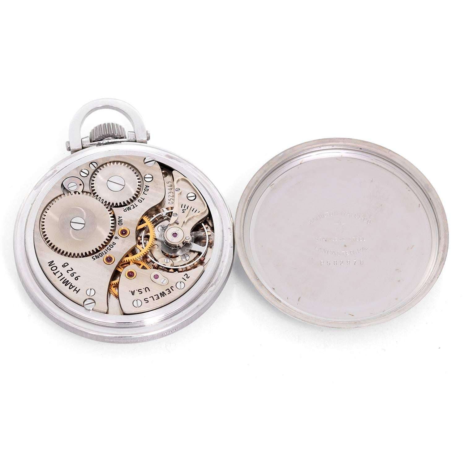 Hamilton Stainless Steel Railway Special Pocket Watch -  Manual winding; 21 jewels. Stainless steel case (50mm). White enamel Hamilton double sunk Montgomery dial, features ornate black Arabic hour numerals and block minute numerals. The dial is