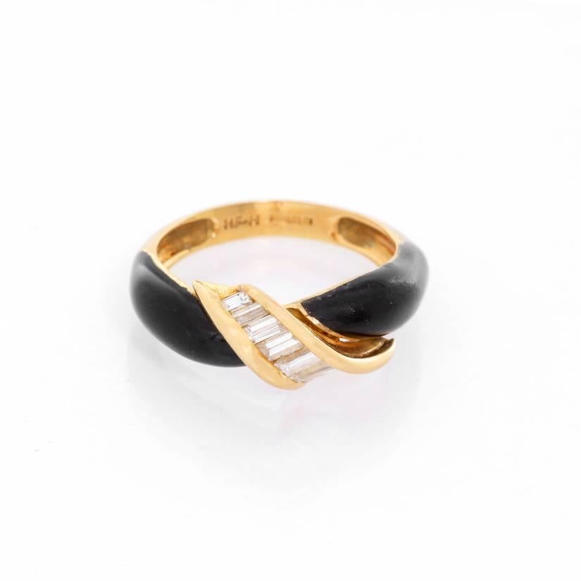 Black Enamel Yellow Gold Diamond Ring Size 6 - . Beautiful 18K Yellow Gold ring with black Enamel surrounding .5cts of baguette cut diamonds. Total weight 4.6 grams. Perfect for every day wear.
