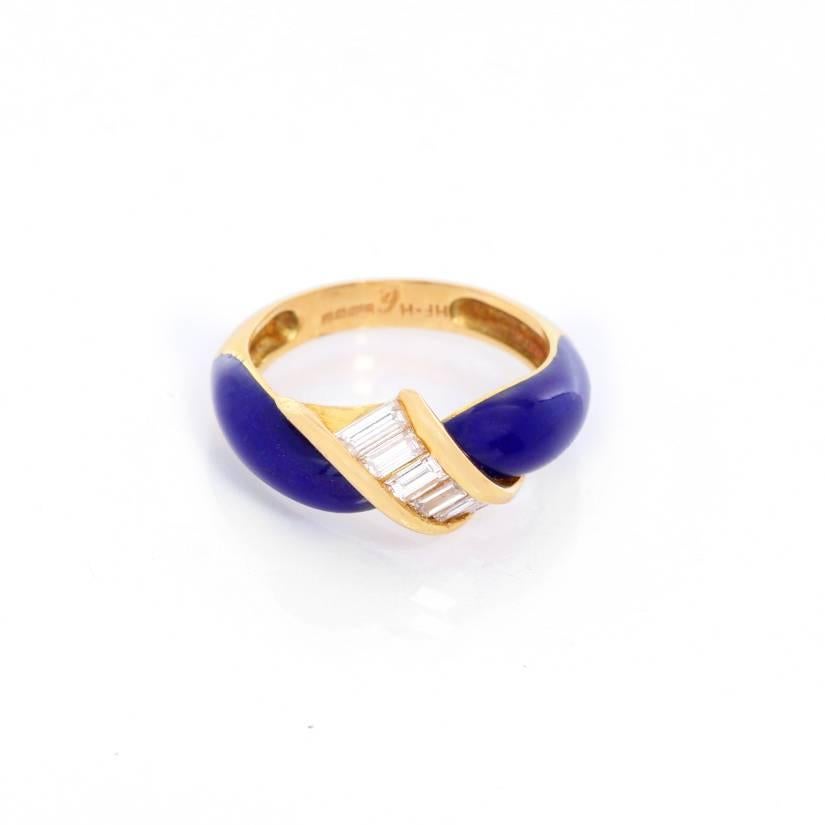 Blue Enamel Yellow Gold Diamond Ring Size 6 - . Beautiful 18K Yellow Gold ring with blue Enamel surrounding .5cts of baguette cut diamonds. Total weight 4.6 grams. Perfect for every day wear. Ring size 6