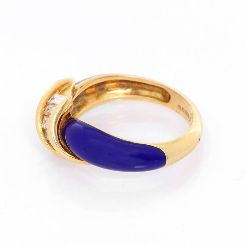 Blue Enamel Yellow Gold Diamond Ring In Excellent Condition In Dallas, TX