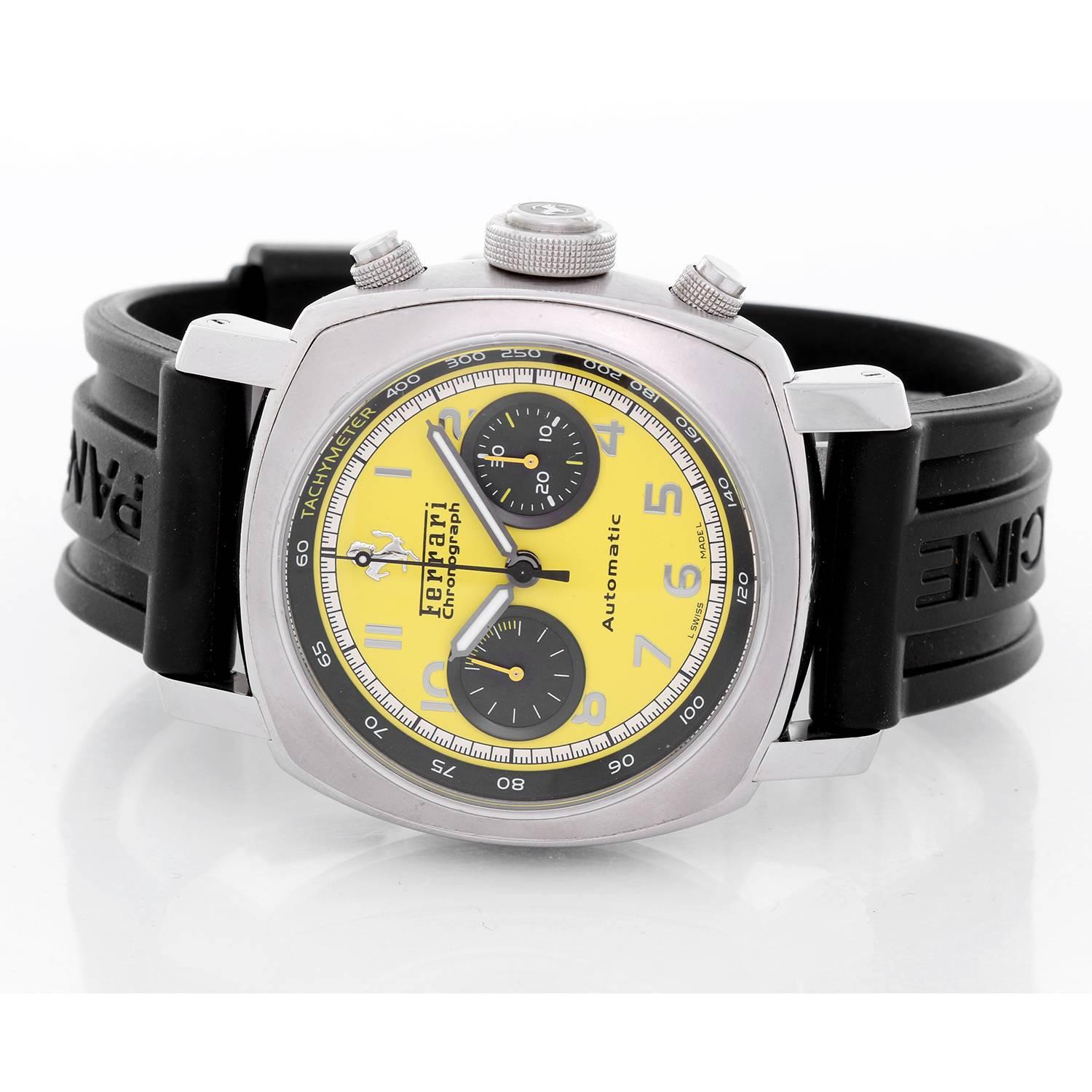Ferrari by Panerai  Granturismo Chronograph Men's Watch FER00011 -  Automatic. Stainless steel case ( 45 mm ). Yellow dial with black sub dials at 3 & 9 o'clock. Ferrari logo on the dial. Arabic numerals. Panerai rubber bracelet. Pre-owned with