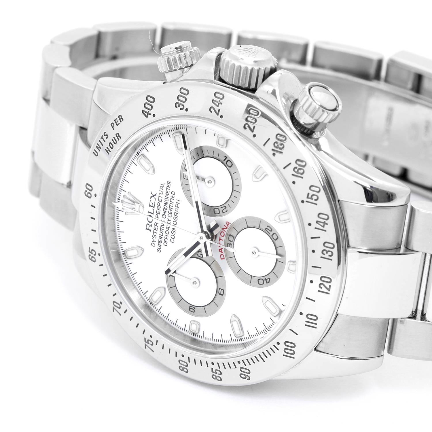 Men's Rolex Daytona Chronograph Stainless Steel Watch 116520 -  Automatic winding, chronograph, 44 jewels, sapphire crystal. Stainless steel case with steel bezel  (40mm diameter). White dial with luminous style hour markers. Stainless steel Oyster