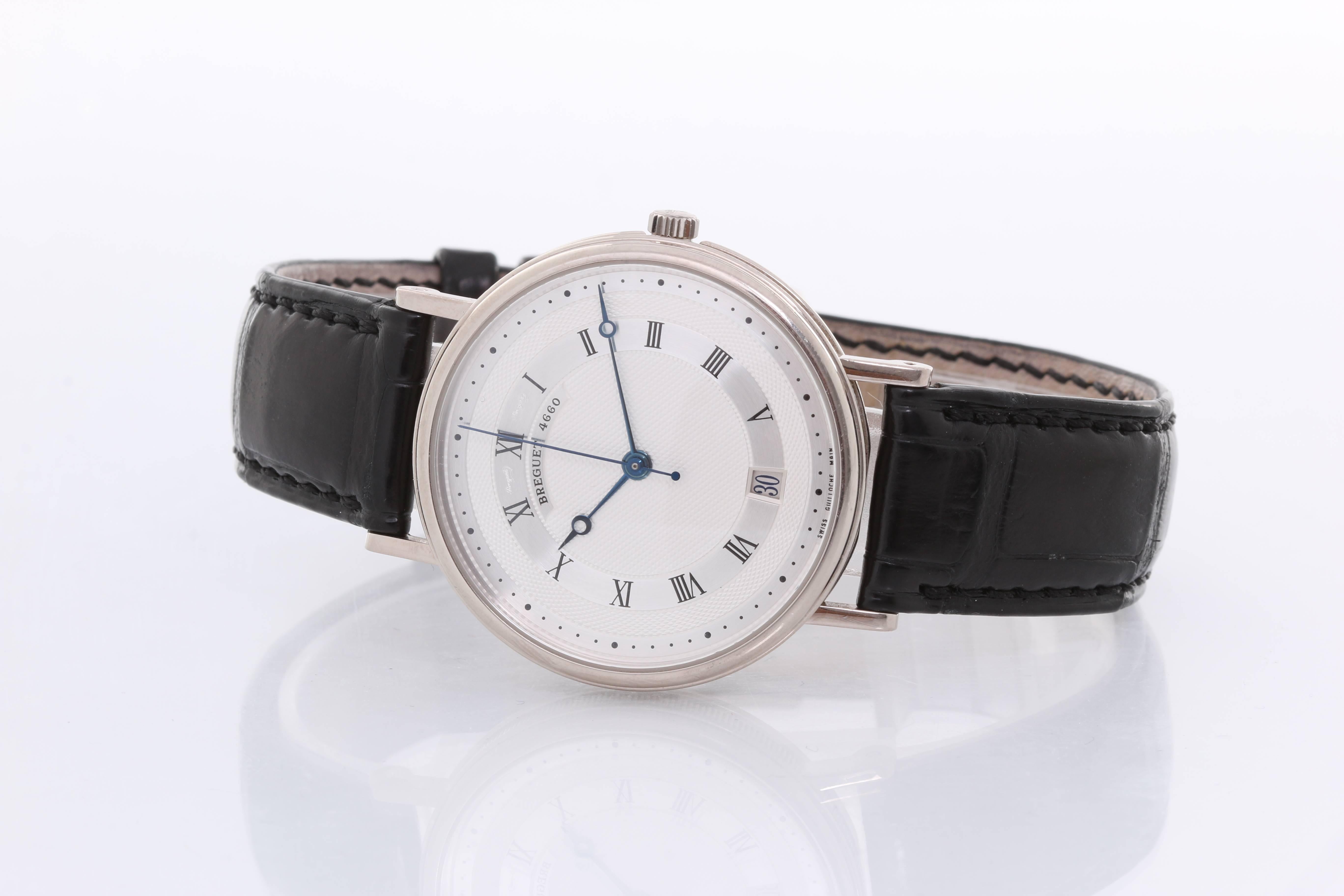 Breguet Classique Automatic Men's Watch 5930 BB -  Automatic. 18K White gold (35 mm). Silvered dial with Roman  numerals. Breguet black leather strap with deployant buckle. Pre-owned with Breguet papers and box.