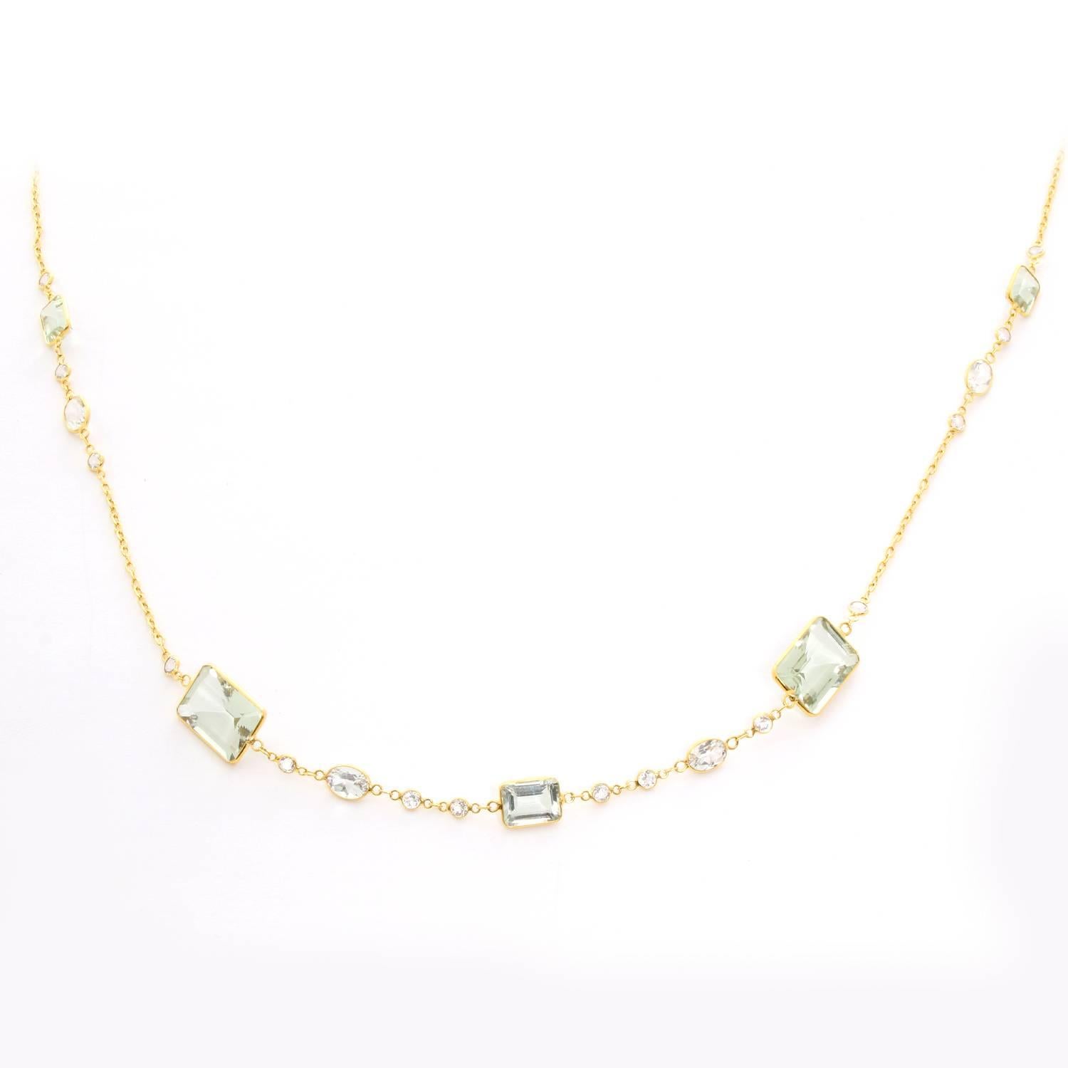 14 Karat Yellow Gold White Topaz and Green Amethyst by the Yard Necklace In New Condition In Dallas, TX
