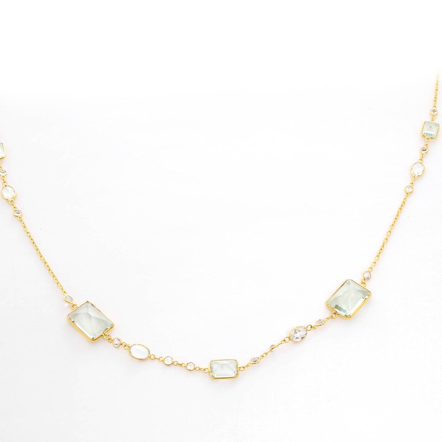 14K Yellow Gold White Topaz & Green Amethyst by the Yard Necklace - . 14K Yellow Gold with Large Green Amethyst stones alternating with smaller White Topaz stones weighing. Length 40 inches. Total weight 21.1 grams.