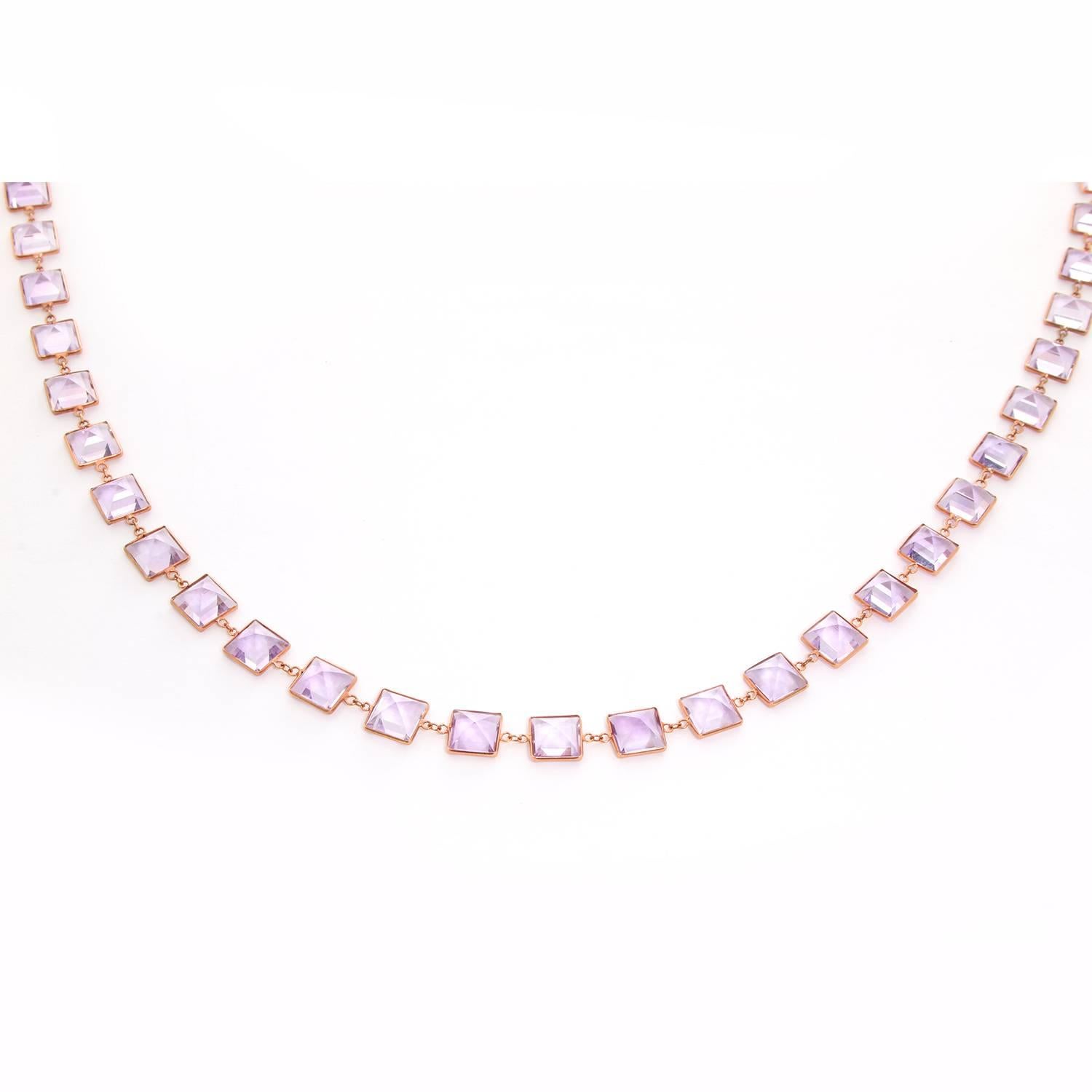 Chic 14K Rose Gold Pink Amethyst  by the Yard Necklace - . Beautiful 14K Rose Gold with square Pink Amethyst stones. Length 40 inches. Total weight 45 grams. Perfect to wear as a single strand or to double it around your neck!