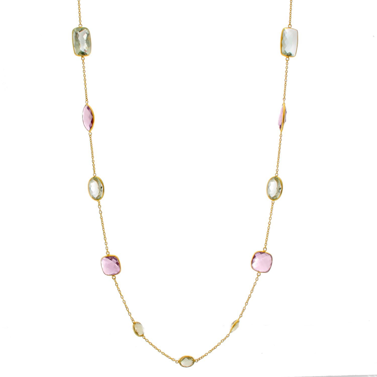 18K Yellow Gold Amethyst Necklace - 18K Yellow gold necklace measuring 19 inches, houses multi-cut purple amethyst, round cut lemon quartz, and multi-cut green quartz stones. New with DeMesy box.