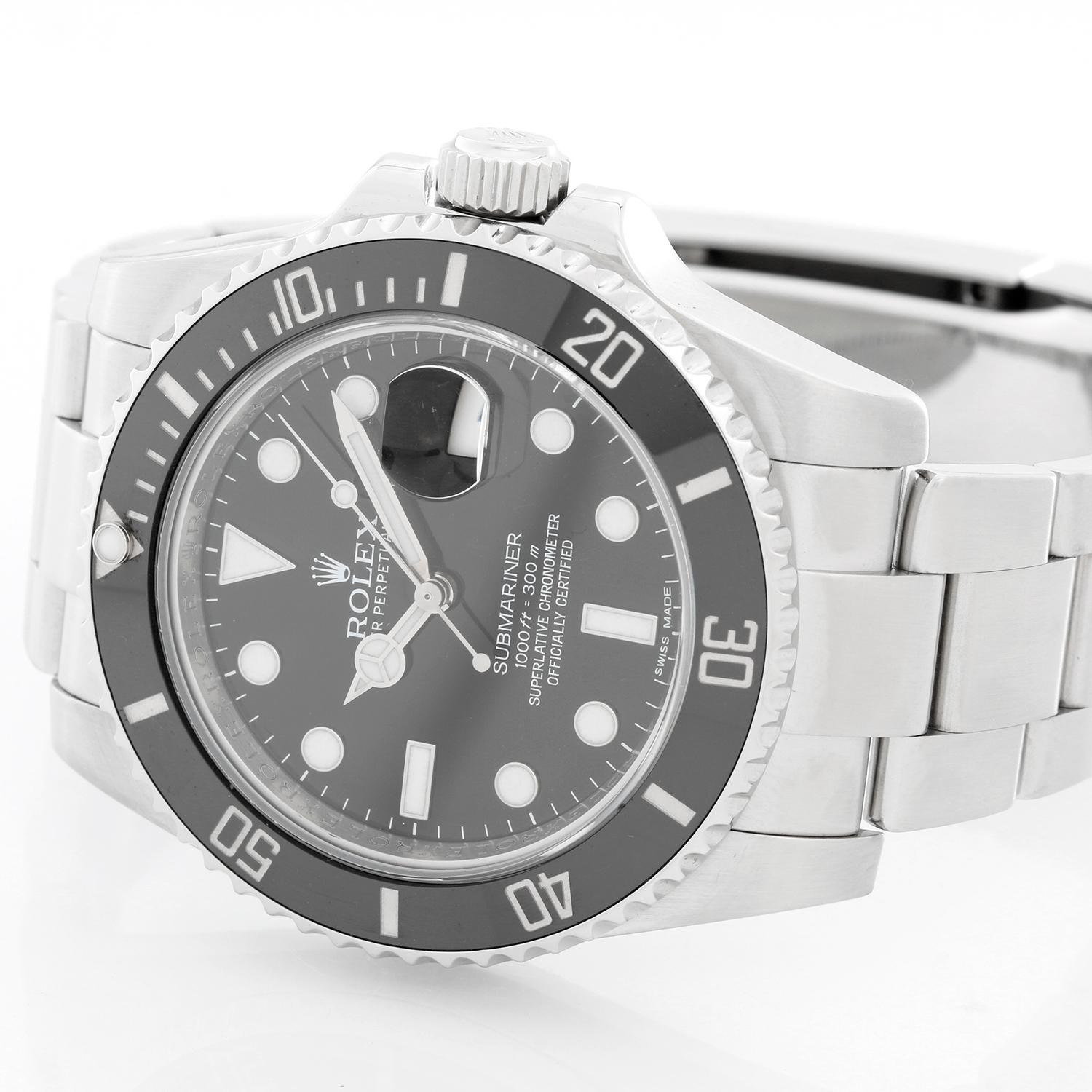Rolex Submariner Men's Stainless Steel Watch 116610 - Automatic winding, 31 jewels, pressure proof to 1,000 feet. Stainless steel case with time-lapse Cerachrom bezel . Black dial with luminous markers; date at 3 o'clock. Stainless steel and Oyster