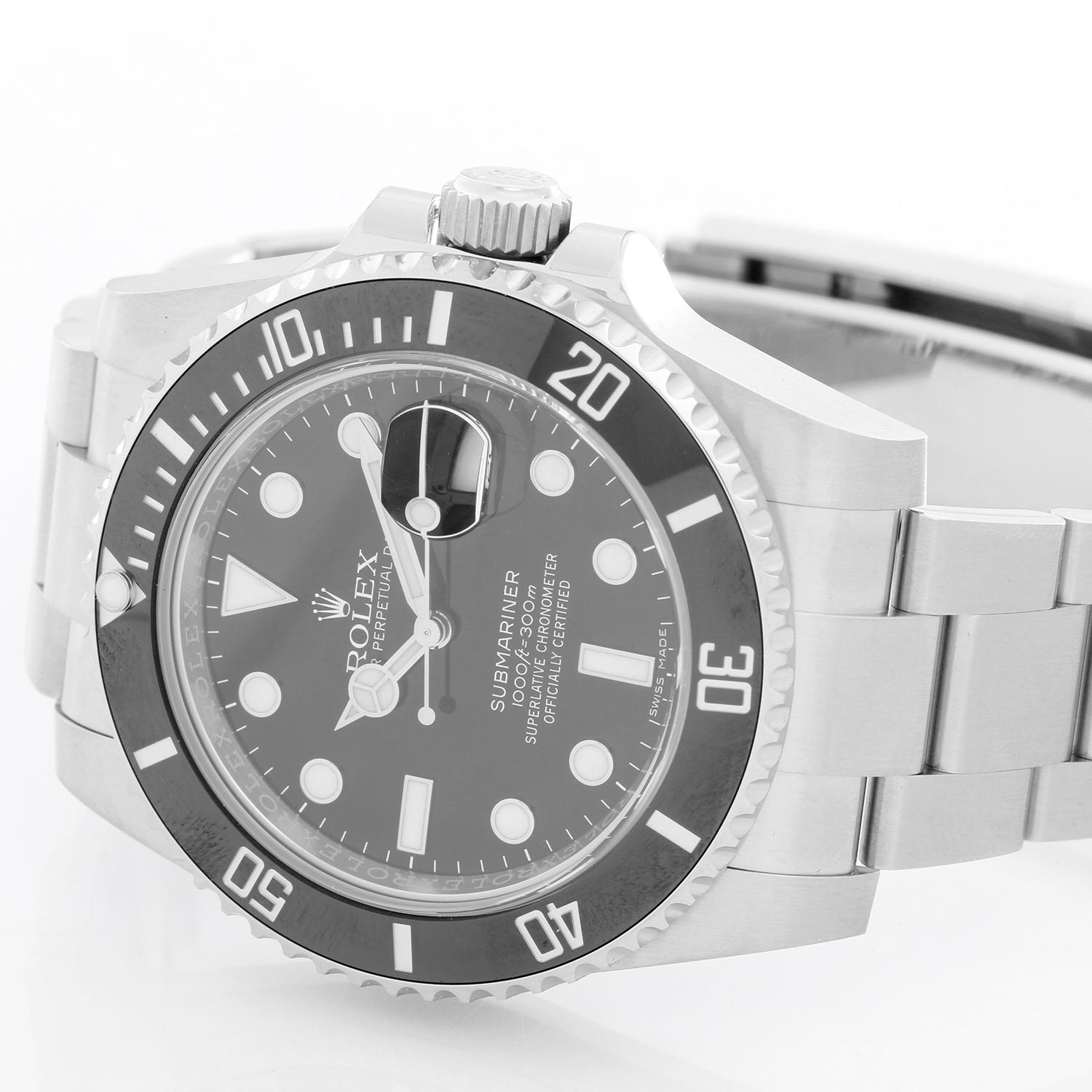 Rolex Submariner Men's Stainless Steel Watch 116610 LN - Automatic winding, 31 jewels, pressure proof to 1,000 feet. Stainless steel case with time-lapse Cerachrom bezel . Black dial with luminous markers; date at 3 o'clock. Stainless steel and