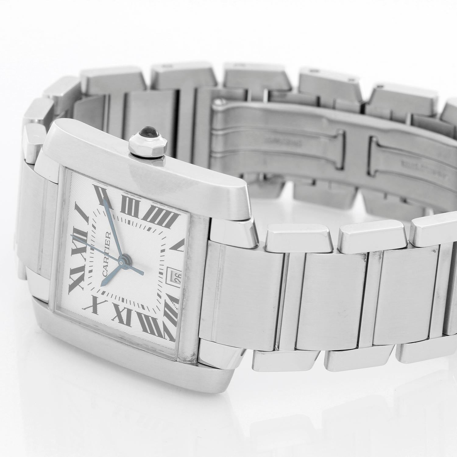 Cartier Tank Francaise Automatic Men's Stainless Steel Watch W51002Q3 - Automatic winding. Stainless steel case (28mm x 32mm). Silver guilloche dial with black Roman numerals; date at 6 o'clock. Stainless steel Cartier bracelet. Pre-owned with