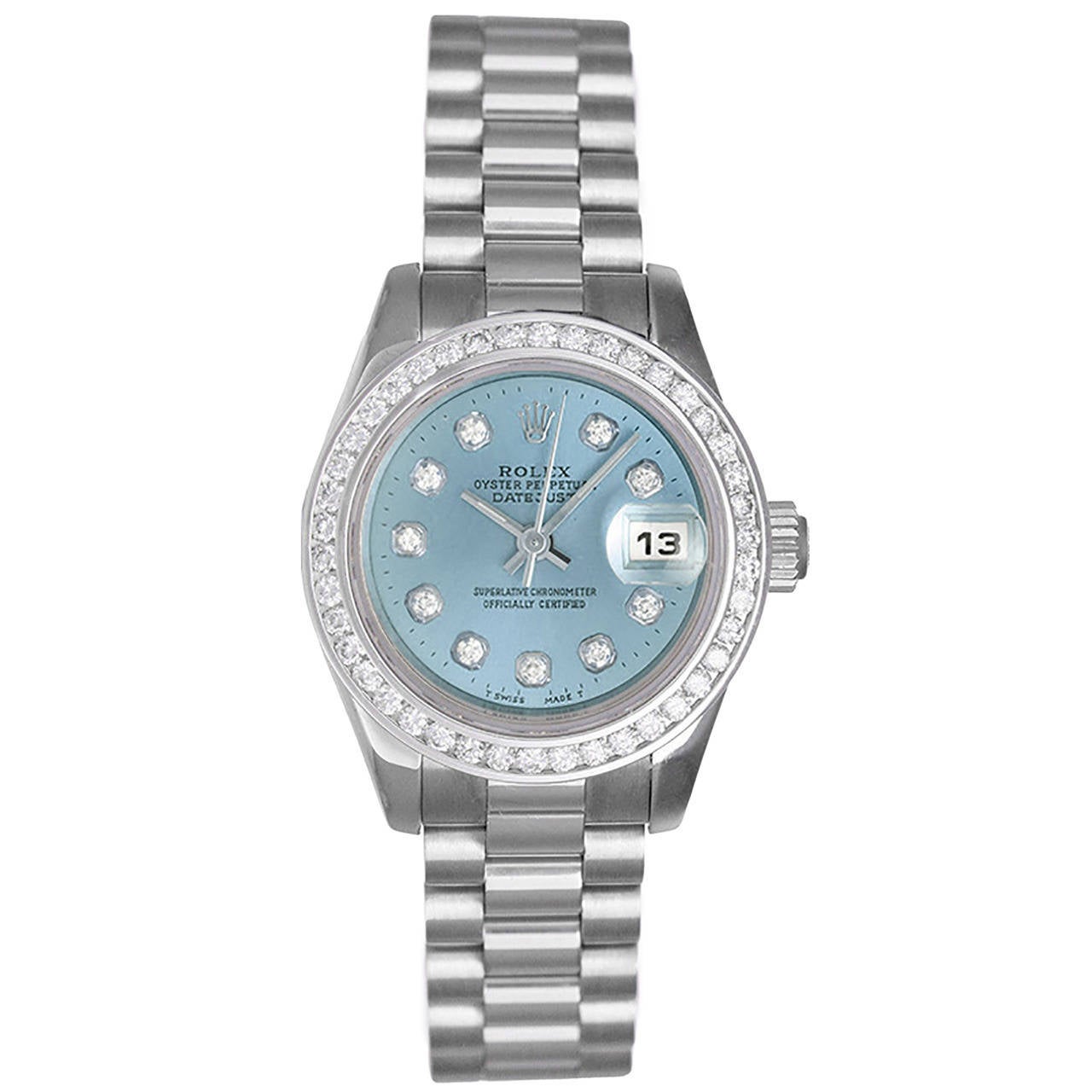 Rolex Lady's Platinum President Glacier Blue Diamond Dial Wristwatch Ref 179136