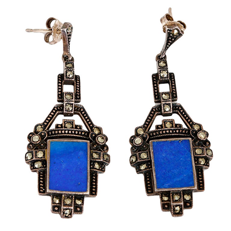 Stunning Antique Marcasite Lapis Silver Drop Earrings