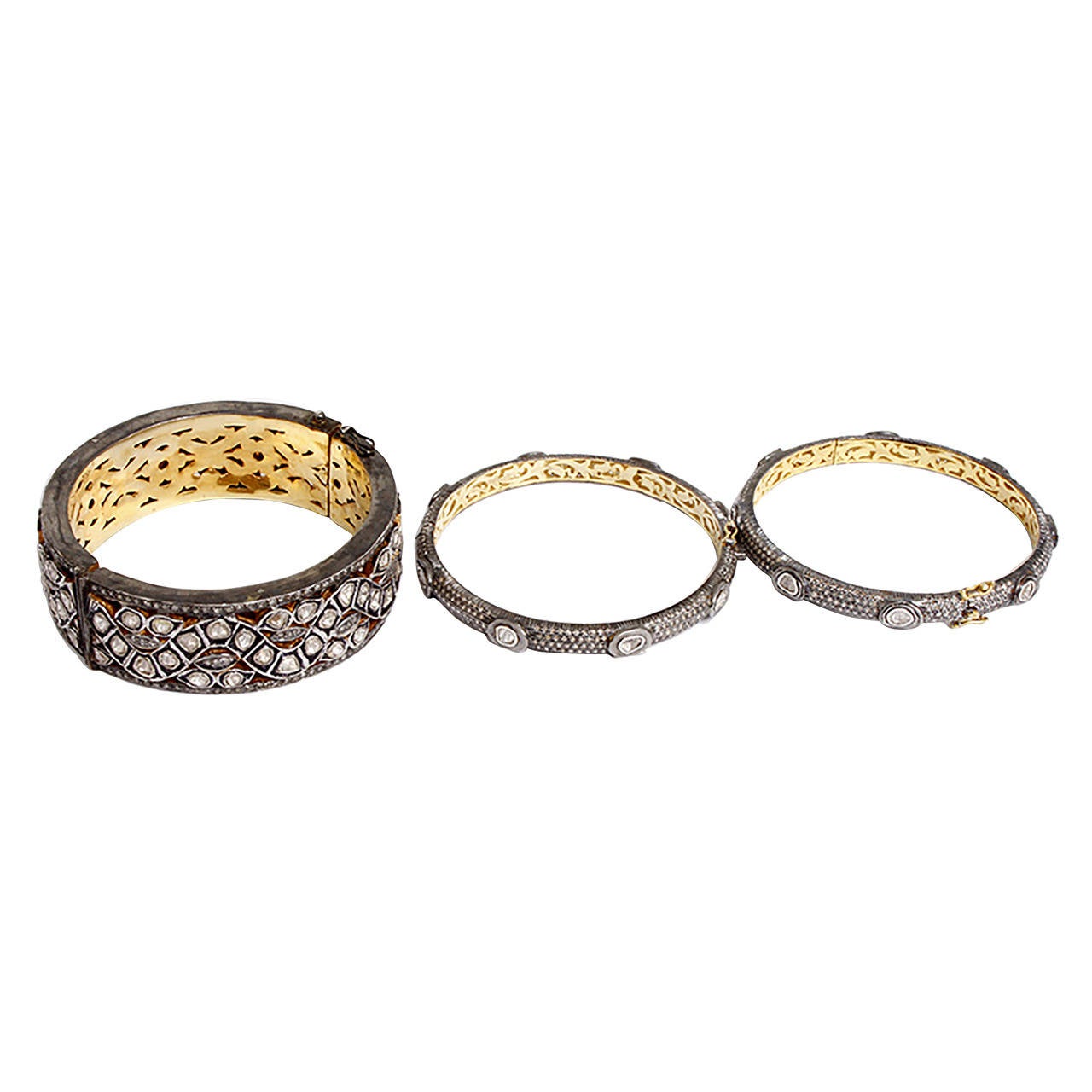 Yellow Gold and Sterling Silver Indian Rose Cut Diamond Bangle