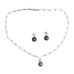 Black Pearl, Diamond and Platinum Scalloped Necklace and Earring Set