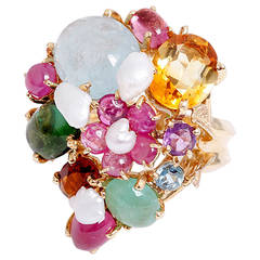 Tutti Frutti Multi-Gemstone Pearl Gold Ring from the Gabor Family Estate