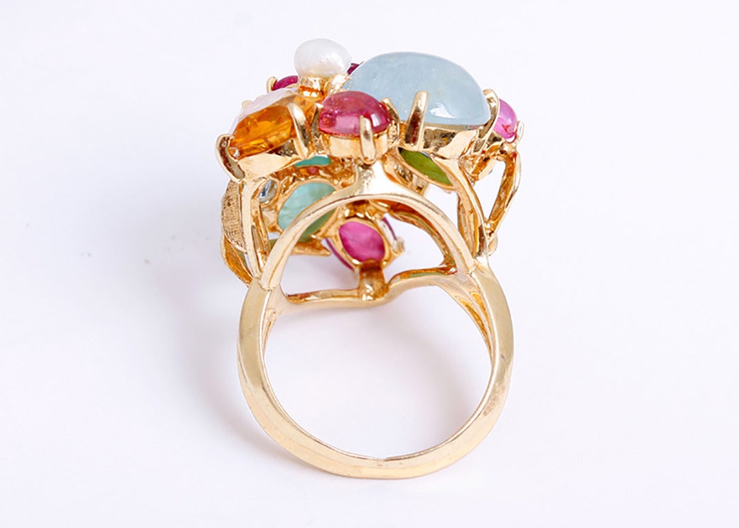 This beautiful multi-colored gemstone and pearl 14k yellow gold ring is from  the family estate of the glamorous Gabor sisters,  Zsa Zsa, Eva, and Magda, often referred to as, “America’s Sweethearts,