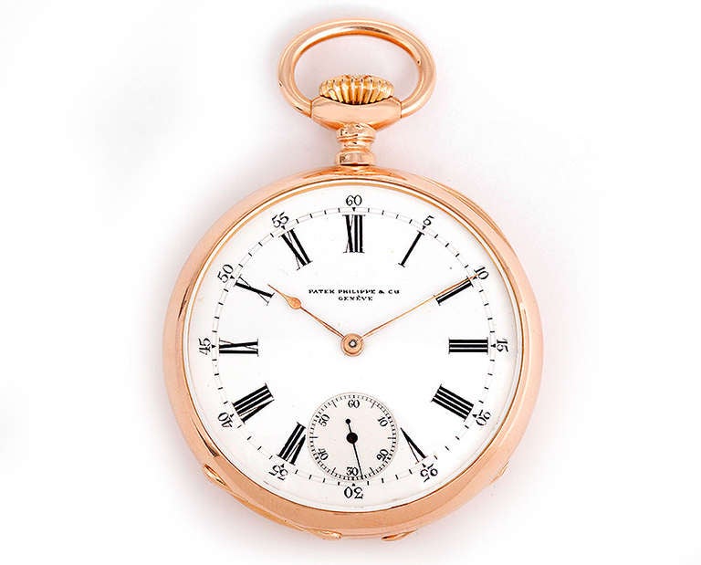 18k rose gold open face case, 46mm. White enamel dial with black Roman numerals, subsidiary seconds, retailed by A.H. Rodanet, Paris, circa 1890.