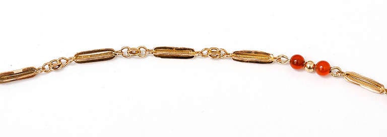 This vintage pocket watch chain is 14k yellow gold.  It measures 16-in. in length and weighs 6.6 grams. This would also make a lovely necklace. Pre-owned.