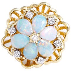Opal Diamond Yellow Gold Flower Cocktail Ring 5