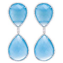 Beautiful Large Pear Shaped Blue Agate Diamond Gold Earrings
