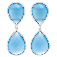 Beautiful Large Pear Shaped Blue Agate Diamond Gold Earrings 11