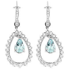 Beautiful Aquamarine Diamond Gold Dangle Earrings