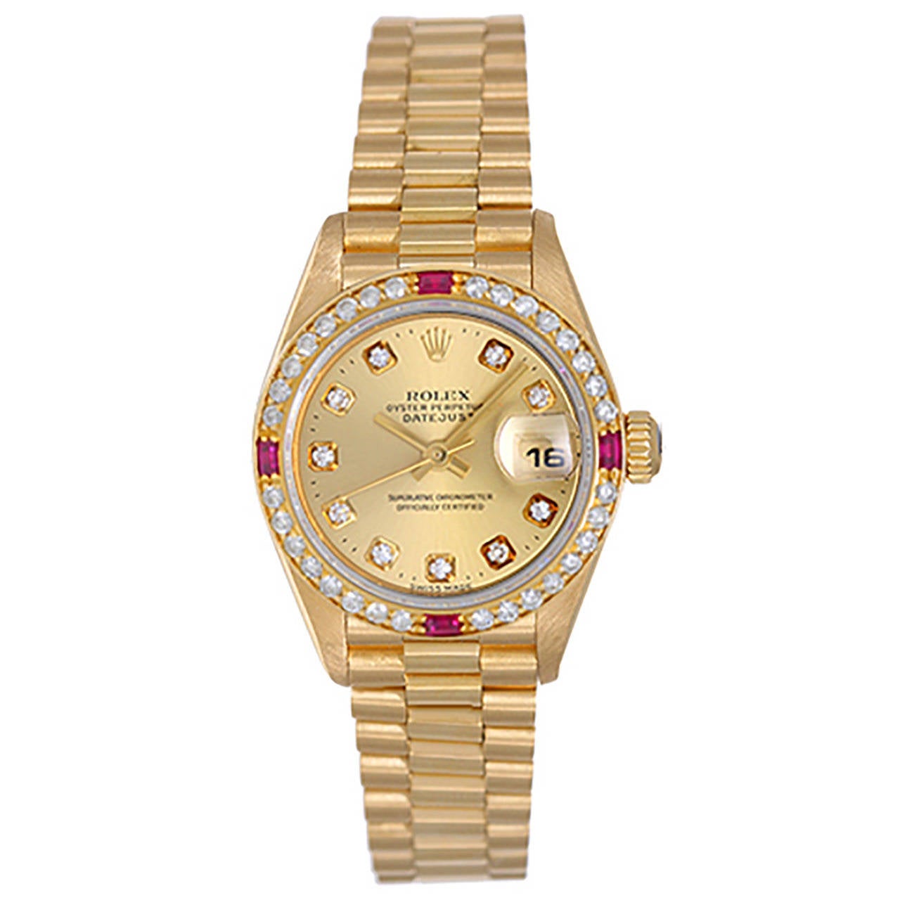 Rolex Lady's Yellow Gold Diamond President Automatic Wristwatch Ref 69178 For Sale