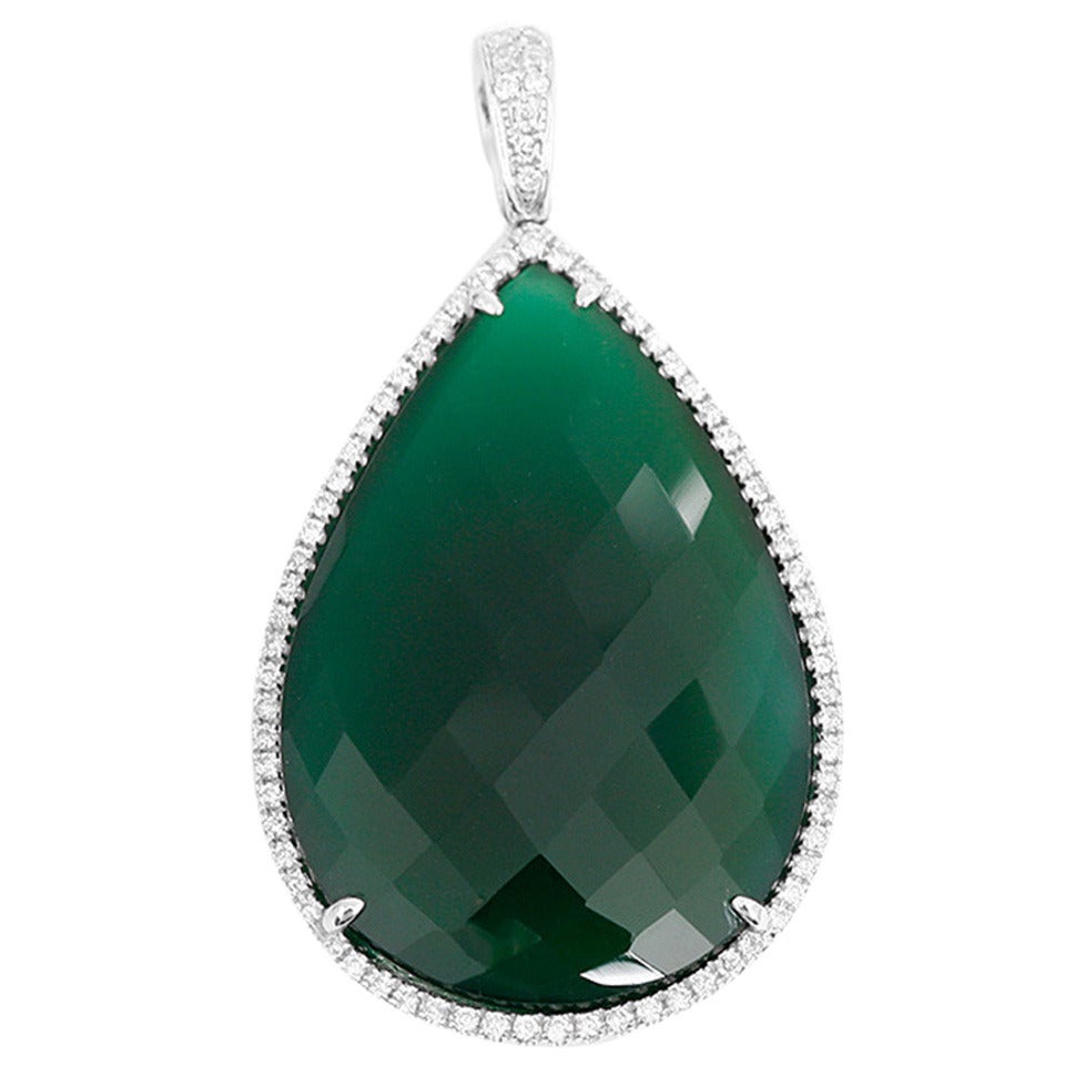 White Gold, Diamond, and Green Agate Pear Shaped Pendant Necklace