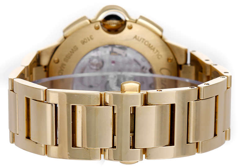 Automatic winding. 18k yellow gold case (44mm diameter). Silver guilloche dial with black Roman numerals. 18k yellow gold Ballon Bleu bracelet. Pre-owned with Cartier box and papers.