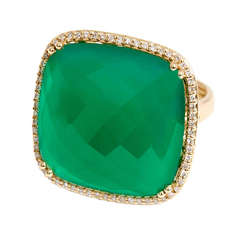 Beautiful Yellow Gold Square Green Agate Diamond Ring 10