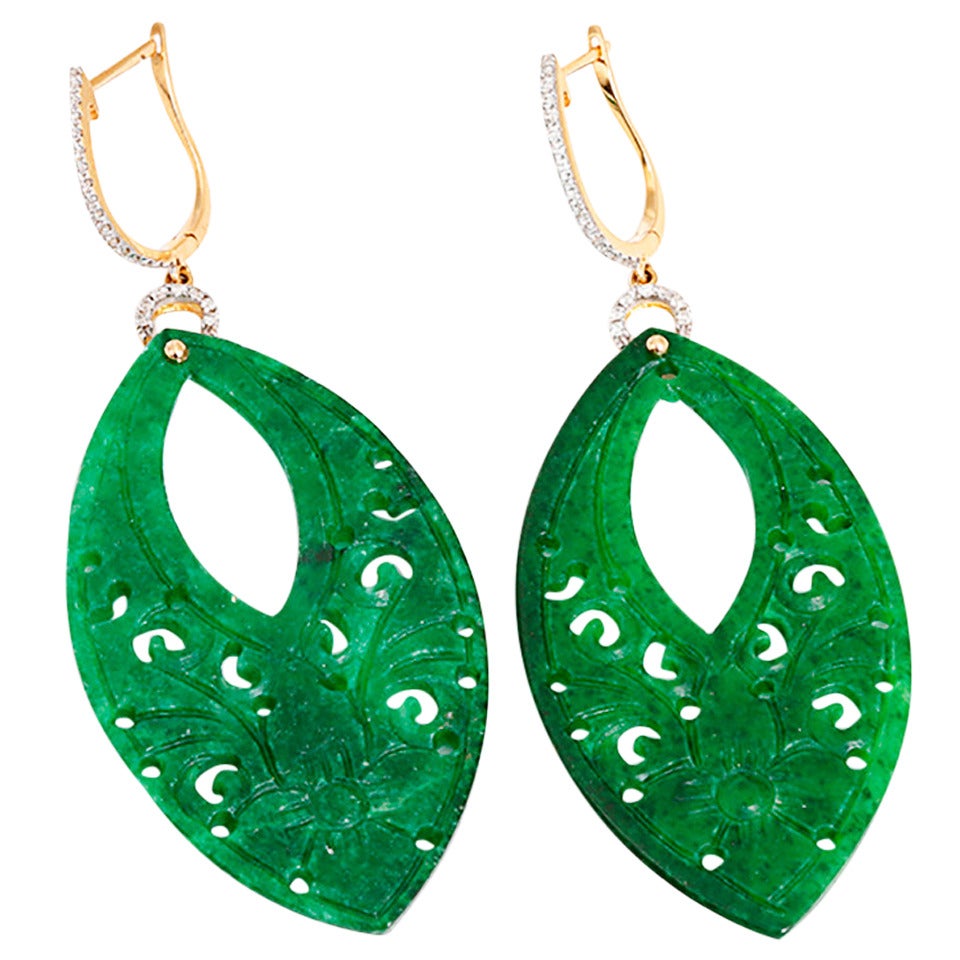 Amazing Yellow Gold Jade and Diamond Dangle Earrings at 1stDibs