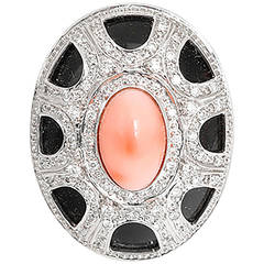 Stunning Onyx Coral Diamond Gold Cocktail Ring