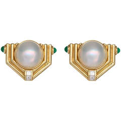 Stunning Yellow Gold and Pearl Earrings with Cabochon Emeralds and Diamonds Stunning Yellow Gold and Pearl Earrings with Cabochon Emeralds and Diamonds