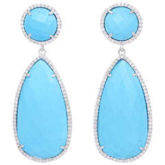 Faceted Turquoise & Diamond Teardrop Dangle Drop White Gold Earrings