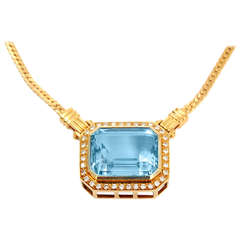 Gorgeous Large Blue Topaz & Diamond Yellow Gold Pendant Necklace