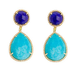 Beautiful Turquoise, Lapis & Diamond Yellow Gold Dangle Drop Earrings