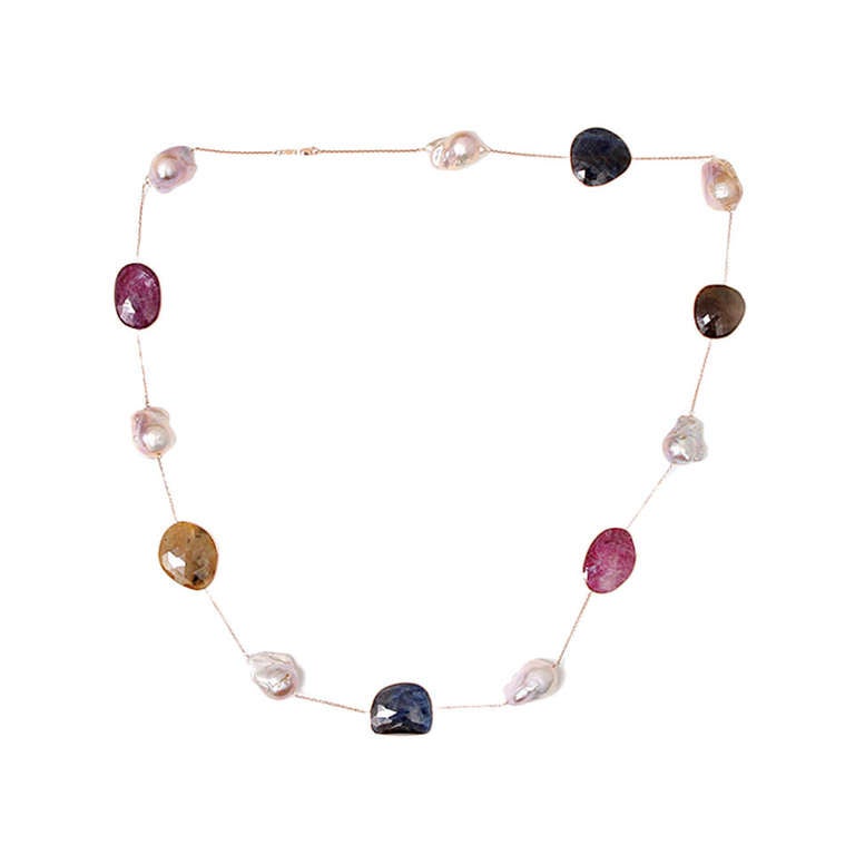 Beautiful Rose Gold Necklace with Multi Colored Sapphire Slices and Large Pearls