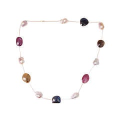 Beautiful Rose Gold Necklace with Multi Colored Sapphire Slices and Large Pearls