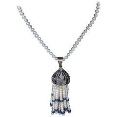 Beautiful Pearl Sapphire Diamond Tassel Necklace