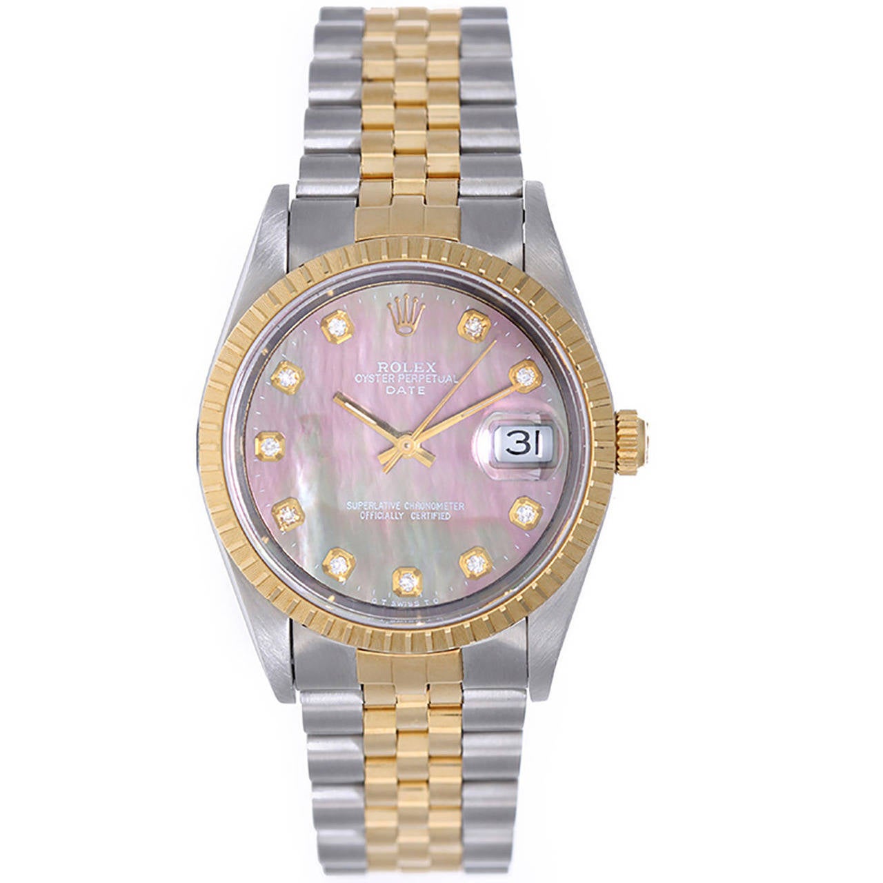 Rolex Yellow Gold Stainless Steel Date Mother-of-Pearl Dial Wristwatch Ref 15223