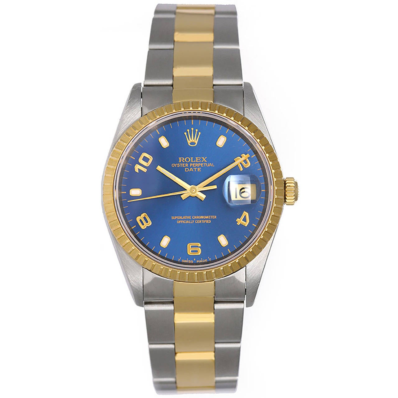 Rolex Yellow Gold Stainless Steel Blue Dial Date Automatic Wristwatch Ref 15223