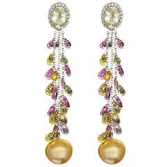 Colorful Sapphire, Diamond and Yellow Pearl Dangle Earrings