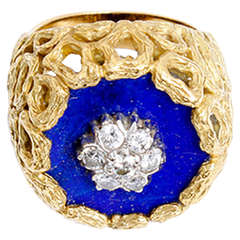 Unique Yellow Gold, Diamond, and Lapis Dome Ring