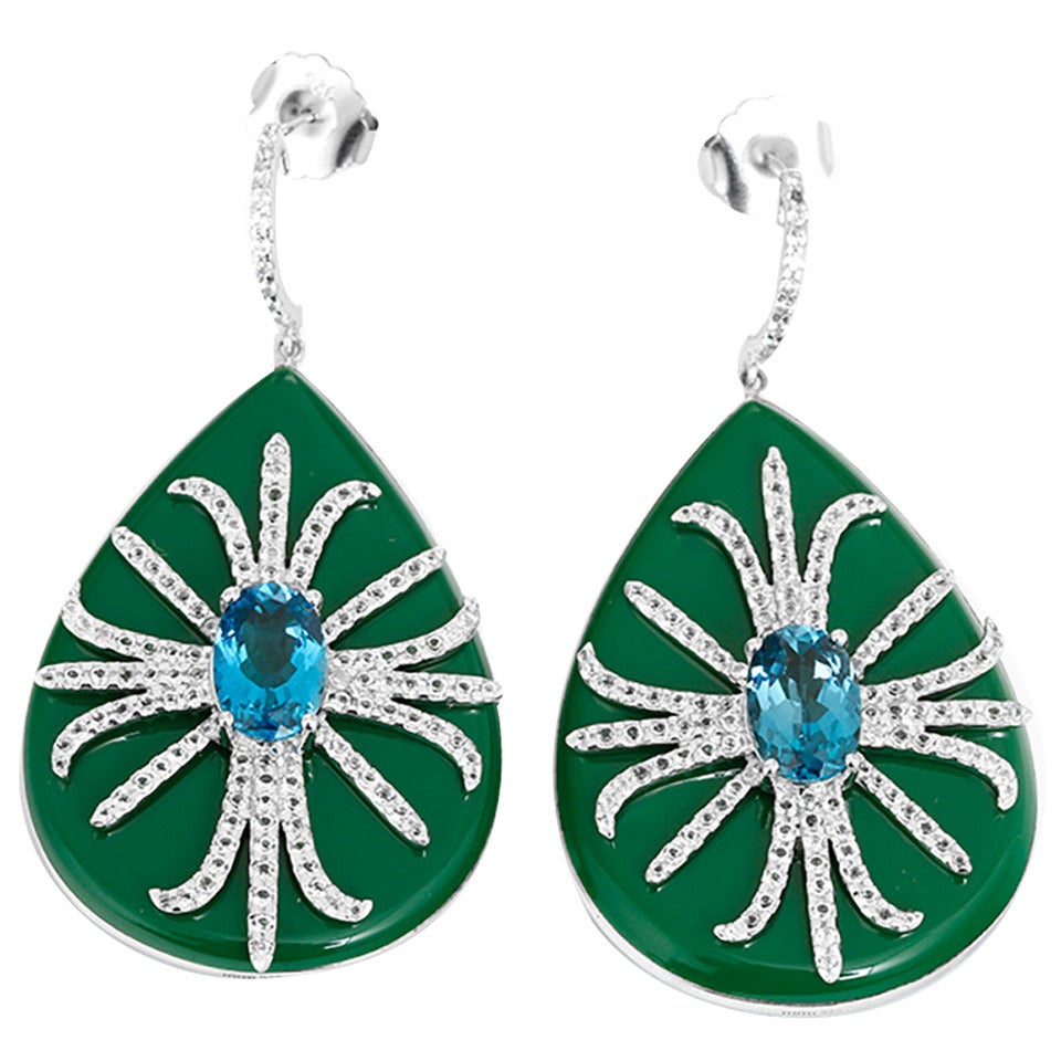 Miriam Salat Bedazzled Green Resin Topaz Silver Tear Drop Earrings