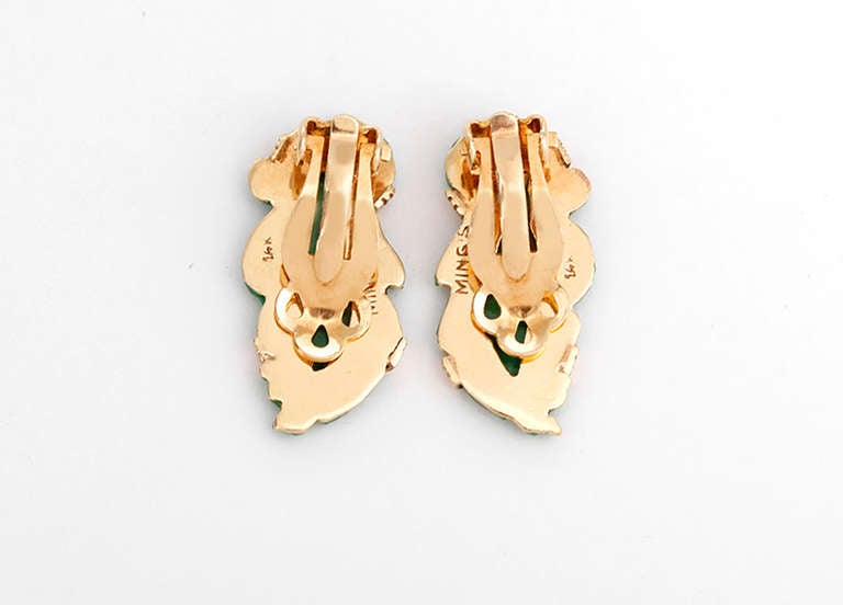 Ming's of Hawaii Jade Yellow Gold Clip Earrings with Hawaiian Motif