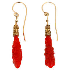 Antique Carved Coral Gold Drop Earrings