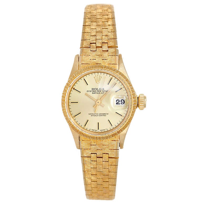 Rolex Lady's Yellow Gold Datejust Wristwatch with Rare Rolex Bracelet Ref 6527