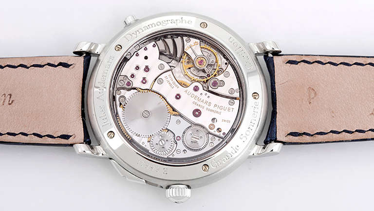 Audemars Piguet platinum Jules Audemars Grande Sonnerie Carillon Dynamographe Minute Repeater Wristwatch, Ref. 25945PT.OO.D022CR.01. Manual-wind movement, minute repeater, 48-hour power reserve with indicator and Dymographe. Platinum case with